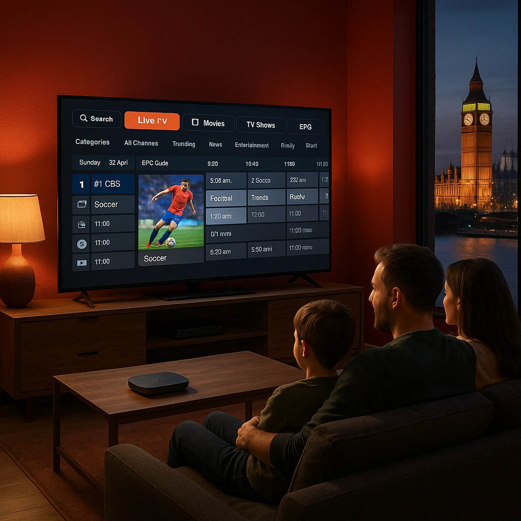 Modern UK living room with red background, family watching B1G IPTV on 4K TV.