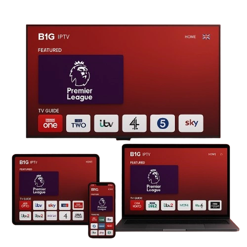Multiple devices showing B1G IPTV interface on red background in UK setting.