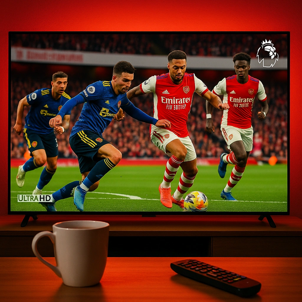 Ultra HD TV showing UK football on B1G IPTV, with red background lighting.